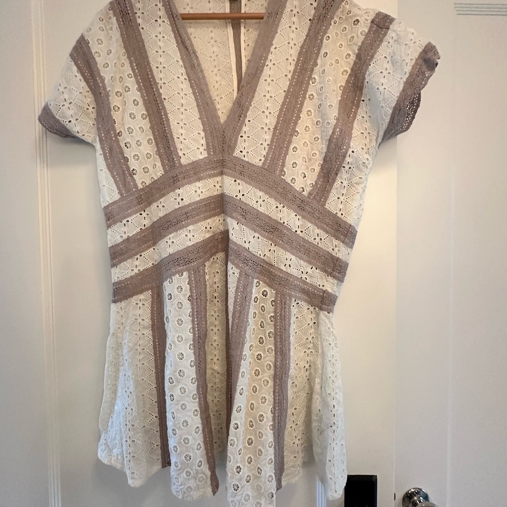 All Saints Tan and White Eyelit Mini Dress